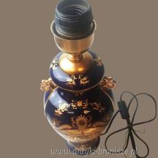 Porcelanowa lampa stołowa kobalt i złoto, dworskie motywy