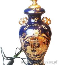 Porcelanowa lampa stołowa kobalt i złoto, dworskie motywy