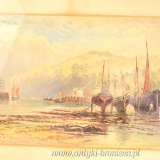 Łodzie w porcie, przystani - akwarela za szkłem podpisana Harry J. Williams 1884r
