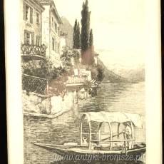 Rycina Oria Jezioro Lugano Villa Fogazzaro podpisana w drewnianej ramie