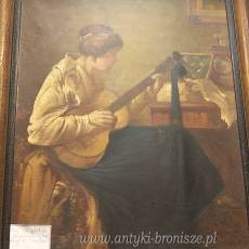 Olej na płótnie Dziewczyna z gitarą Alfred Bastin XIX/XXw 73/55cm