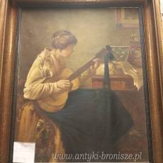 Olej na płótnie Dziewczyna z gitarą Alfred Bastin XIX/XXw 73/55cm