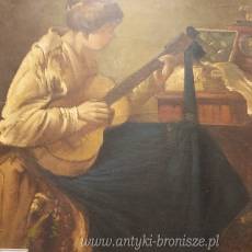 Olej na płótnie Dziewczyna z gitarą Alfred Bastin XIX/XXw 73/55cm