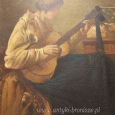 Olej na płótnie Dziewczyna z gitarą Alfred Bastin XIX/XXw 73/55cm