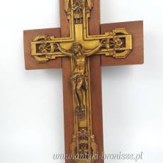Artefakt religijny. krucyfiks, krzyż na ścianę, drewno, metal złocony Francja lata 50te