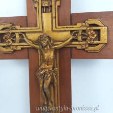 Artefakt religijny. krucyfiks, krzyż na ścianę, drewno, metal złocony Francja lata 50te