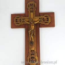 Artefakt religijny. krucyfiks, krzyż na ścianę, drewno, metal złocony Francja lata 50te