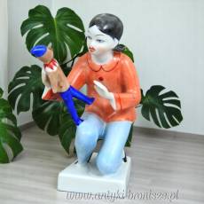 Dziewczynka z pajacem art deco Hollohaza węgierska porcelana lata 60te unikalna kolorystyka