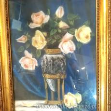 Pastel w złotej ramie róże w wazonie podpisany Z? Stankiewicz 55/75cm