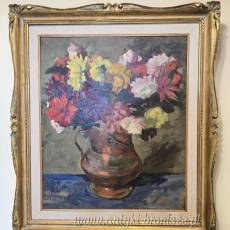 Bukiet kolorowych kwiatów, olej na desce, drewniana złocona rama. I poł XXw