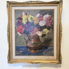 Bukiet kolorowych kwiatów, olej na desce, drewniana złocona rama. I poł XXw