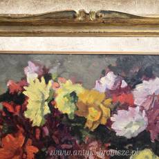 Bukiet kolorowych kwiatów, olej na desce, drewniana złocona rama. I poł XXw