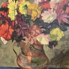 Bukiet kolorowych kwiatów, olej na desce, drewniana złocona rama. I poł XXw