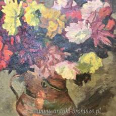 Bukiet kolorowych kwiatów, olej na desce, drewniana złocona rama. I poł XXw