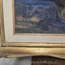 Bukiet kolorowych kwiatów, olej na desce, drewniana złocona rama. I poł XXw