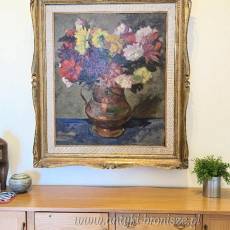 Bukiet kolorowych kwiatów, olej na desce, drewniana złocona rama. I poł XXw