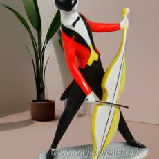 Muzyk jazzowy z wiolonczelą (kontrabasem), figurka w stylu Art Deco, János Török, Zsolnay Węgry lata 60te