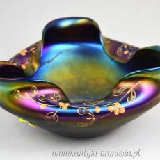 Misa iryzująca, fiolet i złote kwiaty, secesja ok.1900r Loetz Glass Bohemia ( ?)