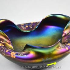 Misa iryzująca, fiolet i złote kwiaty, secesja ok.1900r Loetz Glass Bohemia ( ?)