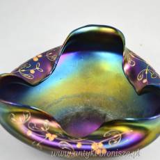 Misa iryzująca, fiolet i złote kwiaty, secesja ok.1900r Loetz Glass Bohemia ( ?)