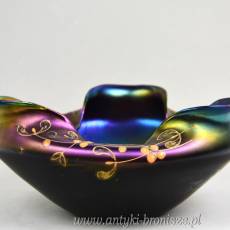 Misa iryzująca, fiolet i złote kwiaty, secesja ok.1900r Loetz Glass Bohemia ( ?)