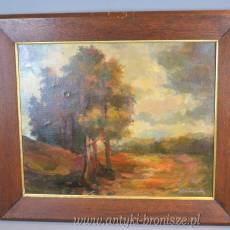 Pejzaż jesienny, olej na płótnie poł.XXw, dębowa brązowa rama 63/54cm