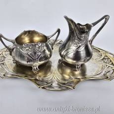 Secesyjny serwis do kawy mlecznik i cukiernica na tacy plater WMF 1900r