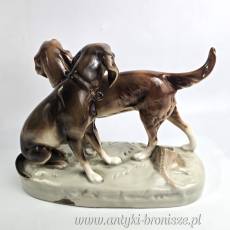 Podwójna figurka psy myśliwskie Retriever i Pointer Royal Dux czeskie Art Nouveau poł. XXw