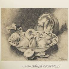 Martwa natura -owoce J. Brossillon Belgia 1929r Rysunek piórkiem 70/60