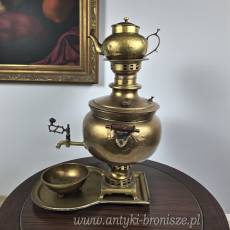 Samowar mosiężny z tacą, płukalnicą i czajniczkiem Rosja XIX/XXw
