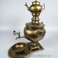 Samowar mosiężny z tacą, płukalnicą i czajniczkiem Rosja XIX/XXw