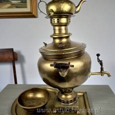 Samowar mosiężny z tacą, płukalnicą i czajniczkiem Rosja XIX/XXw