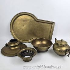 Samowar mosiężny z tacą, płukalnicą i czajniczkiem Rosja XIX/XXw