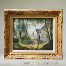 Olej na desce   ,, Droga do fermy ,, Podpisany R . Ganip 44  Belgia 77/67 cm