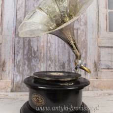 Gramofon - Patefon - Okrągły - Czarna Skrzynia Srebrna Tuba