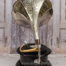 Gramofon - Patefon - Okrągły - Czarna Skrzynia Srebrna Tuba