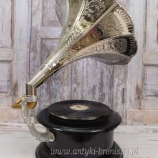 Gramofon - Patefon - Okrągły - Czarna Skrzynia Srebrna Tuba