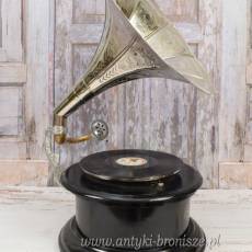 Gramofon - Patefon - Okrągły - Czarna Skrzynia Srebrna Tuba