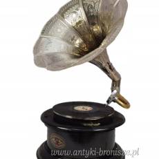 Gramofon - Patefon - Okrągły - Czarna Skrzynia Srebrna Tuba