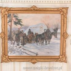 Wojciech Kossak - Przejazd Żołnierzy Przez Wieś - Zimowa Scena Obraz Olejny
