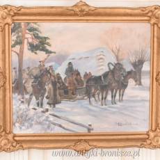 Wojciech Kossak - Przejazd Żołnierzy Przez Wieś - Zimowa Scena Obraz Olejny