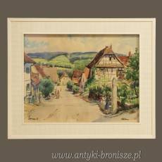 Kolorowe miasteczko w górach podpisana 66r akwarela