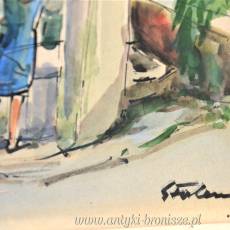 Kolorowe miasteczko w górach podpisana 66r akwarela