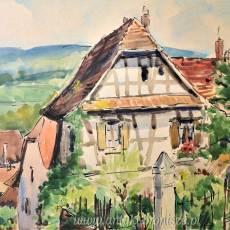 Kolorowe miasteczko w górach podpisana 66r akwarela