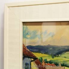 Kolorowe miasteczko w górach podpisana 66r akwarela