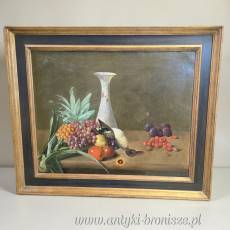 Martwa natura owoce i ptak olej na płótnie w drewnianej ramie XIXw 97/82cm