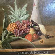 Martwa natura owoce i ptak olej na płótnie w drewnianej ramie XIXw 97/82cm