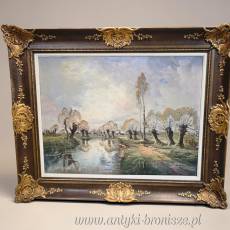 Wierzby nad rzeką olej na płótnie w bogatej ramie 103/85cm  XIXw