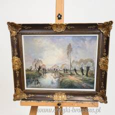 Wierzby nad rzeką olej na płótnie w bogatej ramie 103/85cm  XIXw