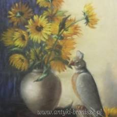 WYPRZEDAŻ Kwiaty słonecznika i papuga pastel Mona Martin Belgia lata 50/60te